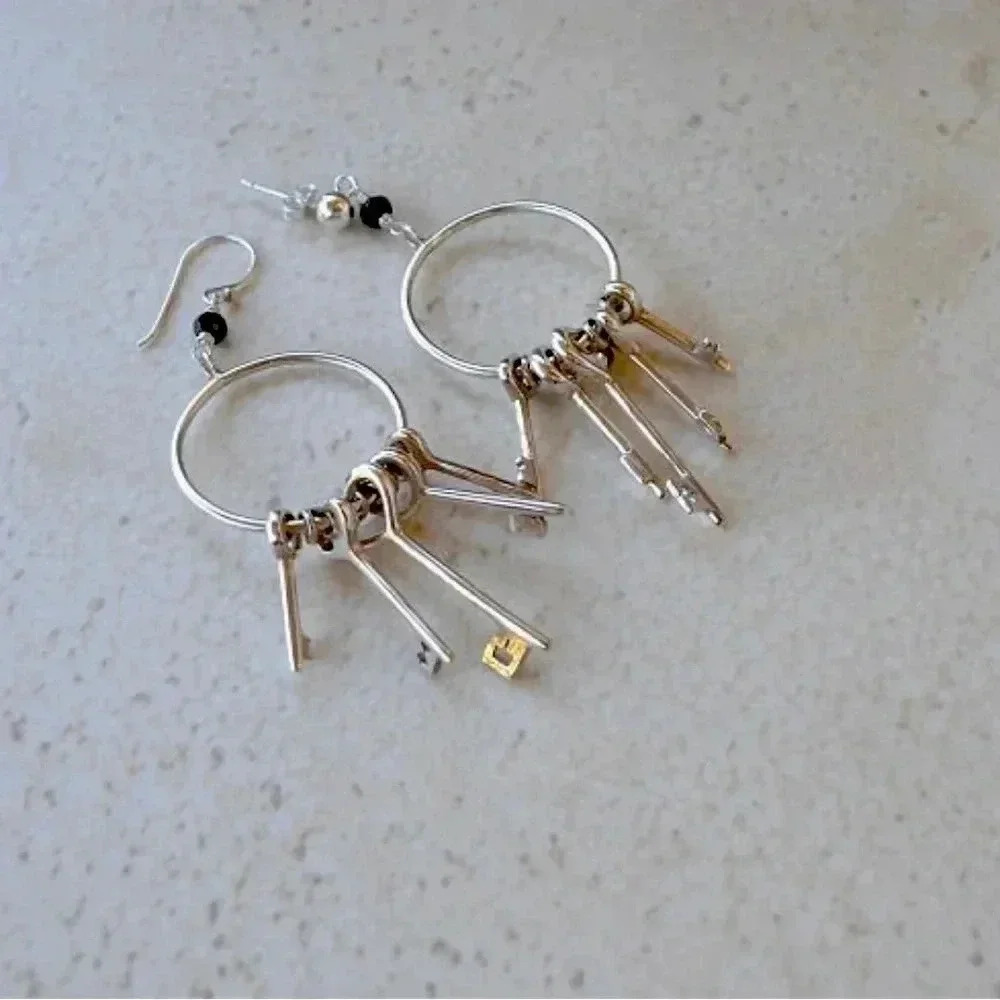 Key Hoop Earrings, Jane The Virgin,Solid Sterling Silver,Black Spinel - Picture 3 of 3
